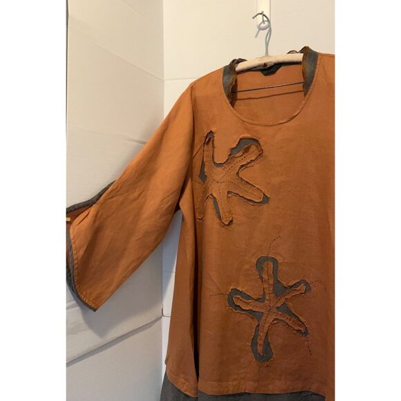 Peacock Ways Linen Blend Tunic Dress Orange Boho Artsy Asymmetrical Hem Embroide - Picture 9 of 14